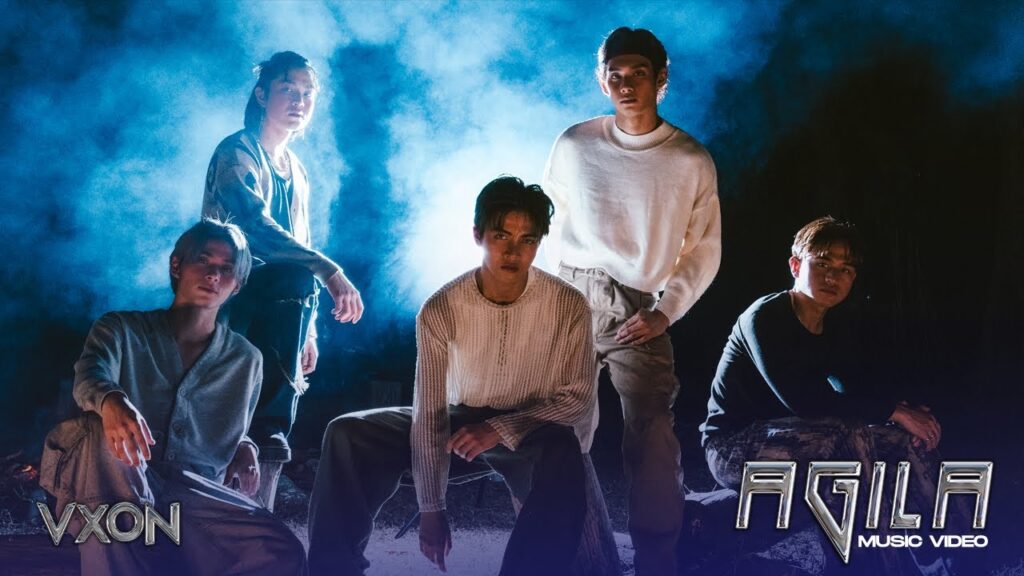 P-pop boy group VXON (C13, Sam, Franz, Vince, and Patrick) in their Agila music video